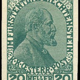 1918 Liechtenstein: Principe Giovanni II 20h. verde azzurro non dentellato (N°10)
